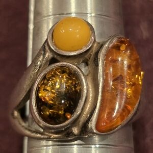Vtg Valerio Poland Sterling Silver GREEN, BUTTER & COGNAC AMBER RING - Size 6.75